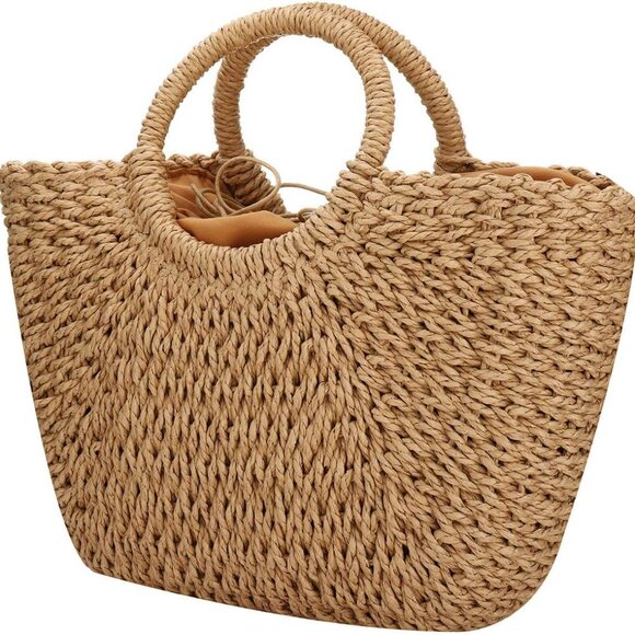 Natural Straw Round Handbag Summer Beach Bag Woven Handle Fashion Accessory - Picture 1 of 4